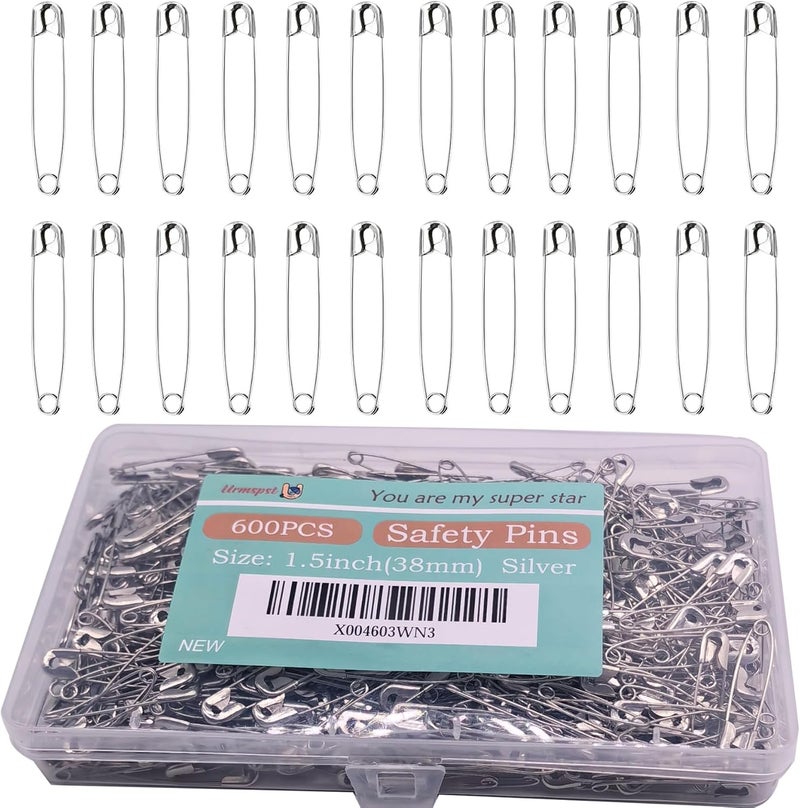 Urmspst Safety Pins, 600PCS-1.5Inch Small Safety Pins, Rust-Resistant Nickel Plated Steel, Sharp Edge Safety Pin for Clothes, Sewing, Arts & Craft, 38mm Decorative Safety Pins (Silver), UR-28 - Image 1